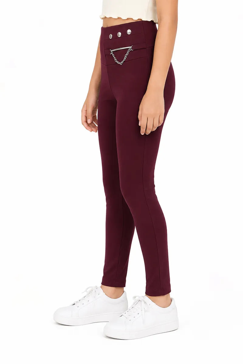 Girl's Cotton Lycra Solid Jeggings - Wine - View 14
