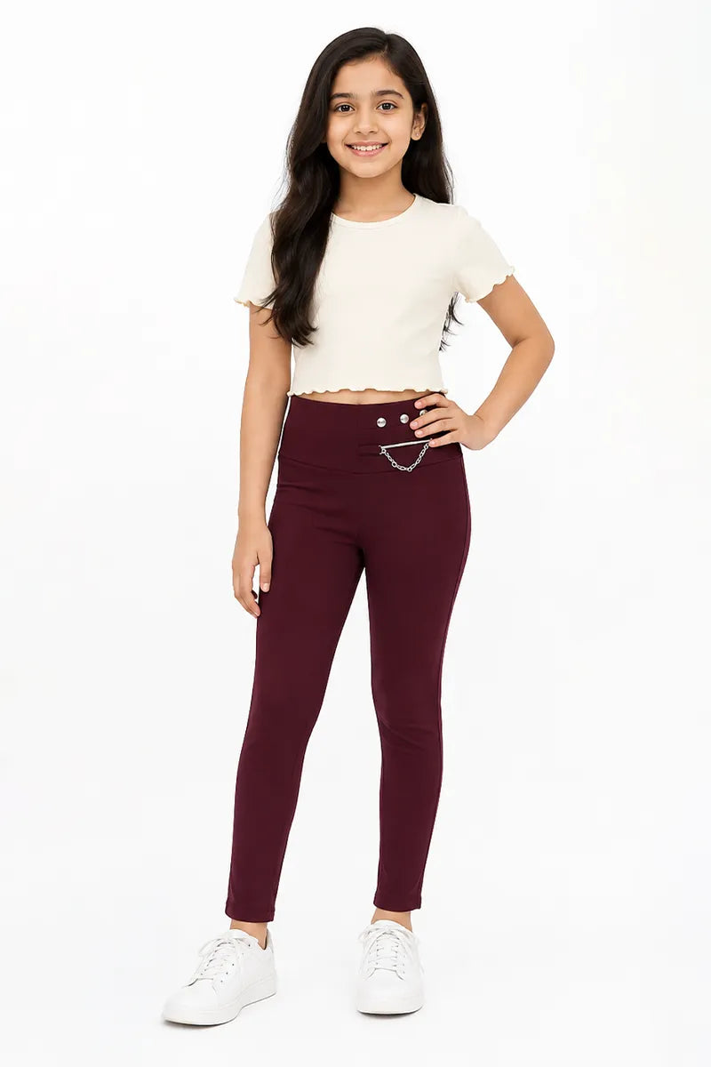 Girl's Cotton Lycra Solid Jeggings - Wine - View 16