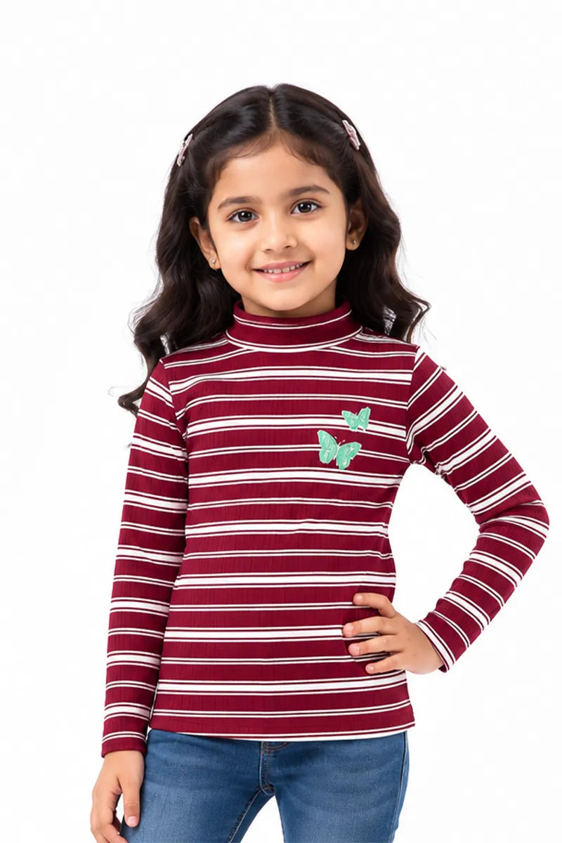 Girl's Lycra Striped Full Sleeve T-Shirt - Maroon - View 1