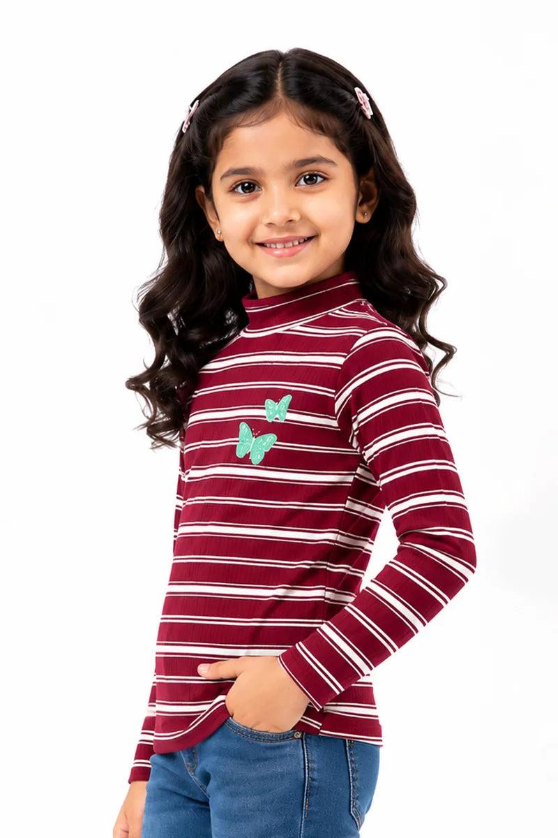 Girl's Lycra Striped Full Sleeve T-Shirt - Maroon - View 2