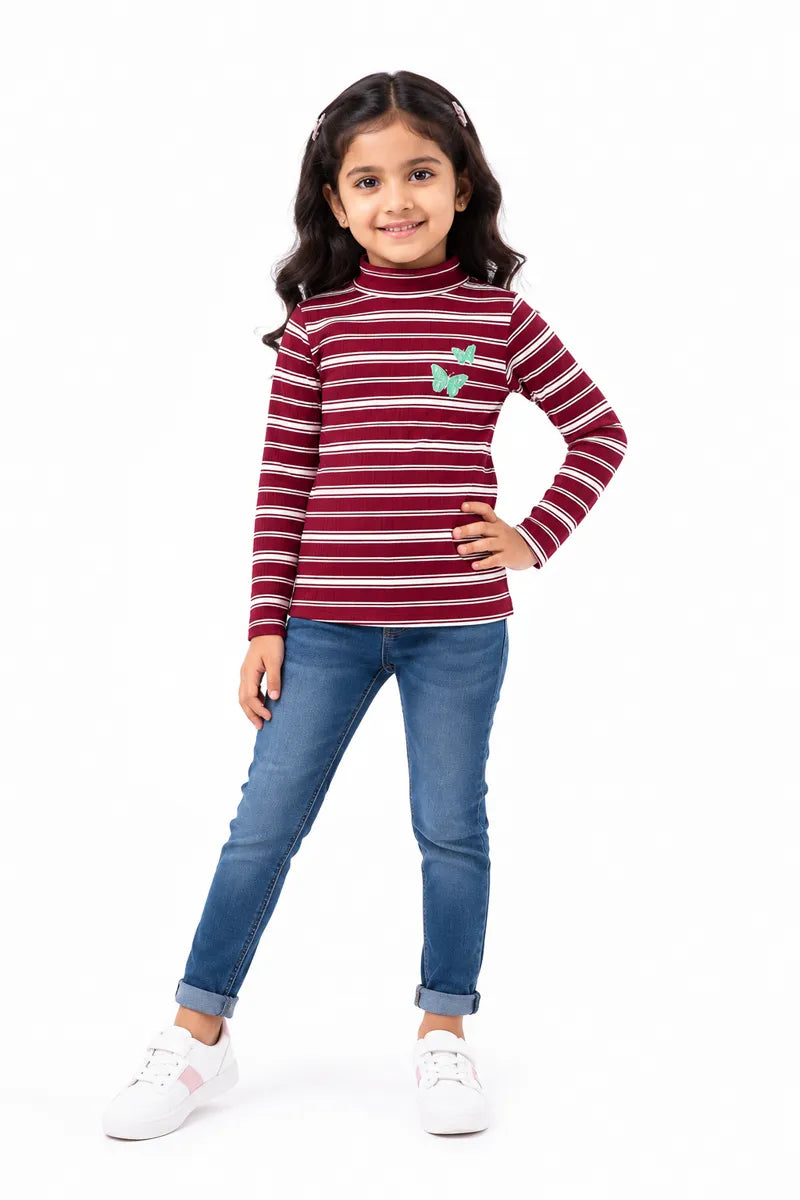 Girl's Lycra Striped Full Sleeve T-Shirt - Maroon - View 4
