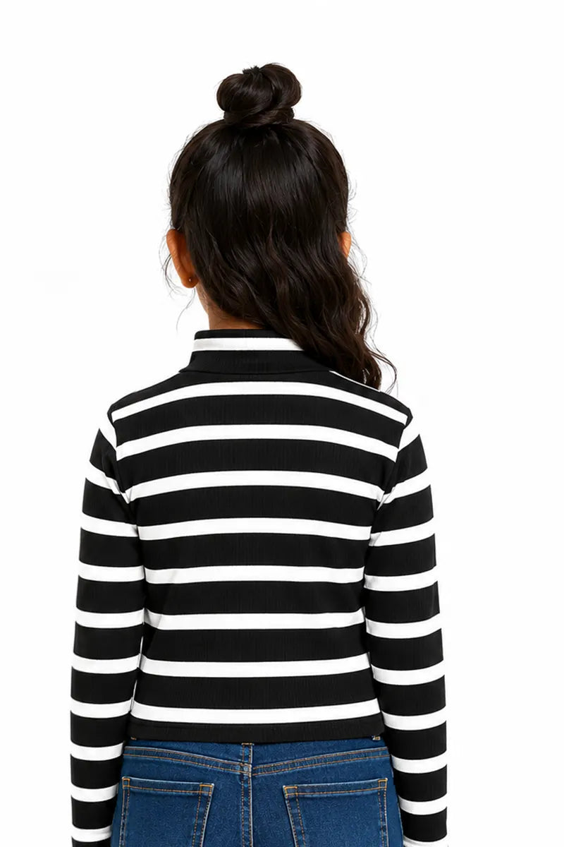 Girl's Lycra Striped Turtle Neck T-Shirt - Black - View 3