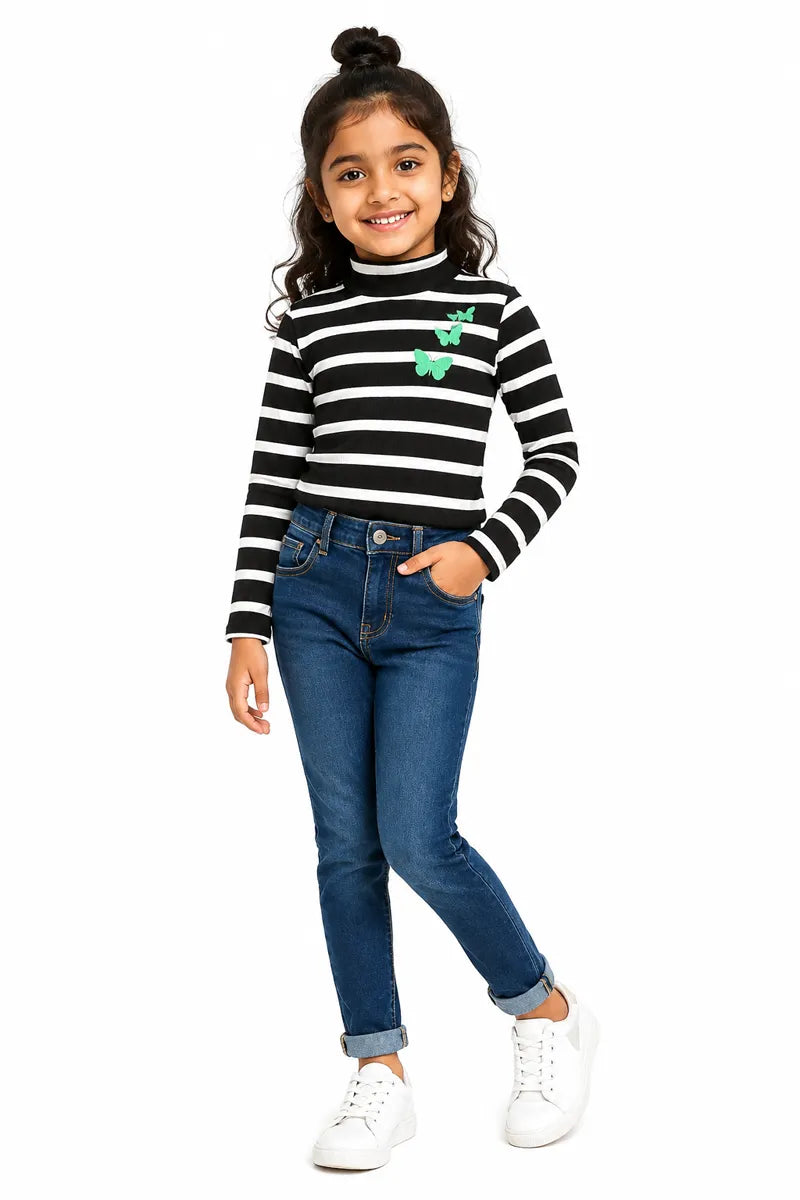 Girl's Lycra Striped Turtle Neck T-Shirt - Black - View 4