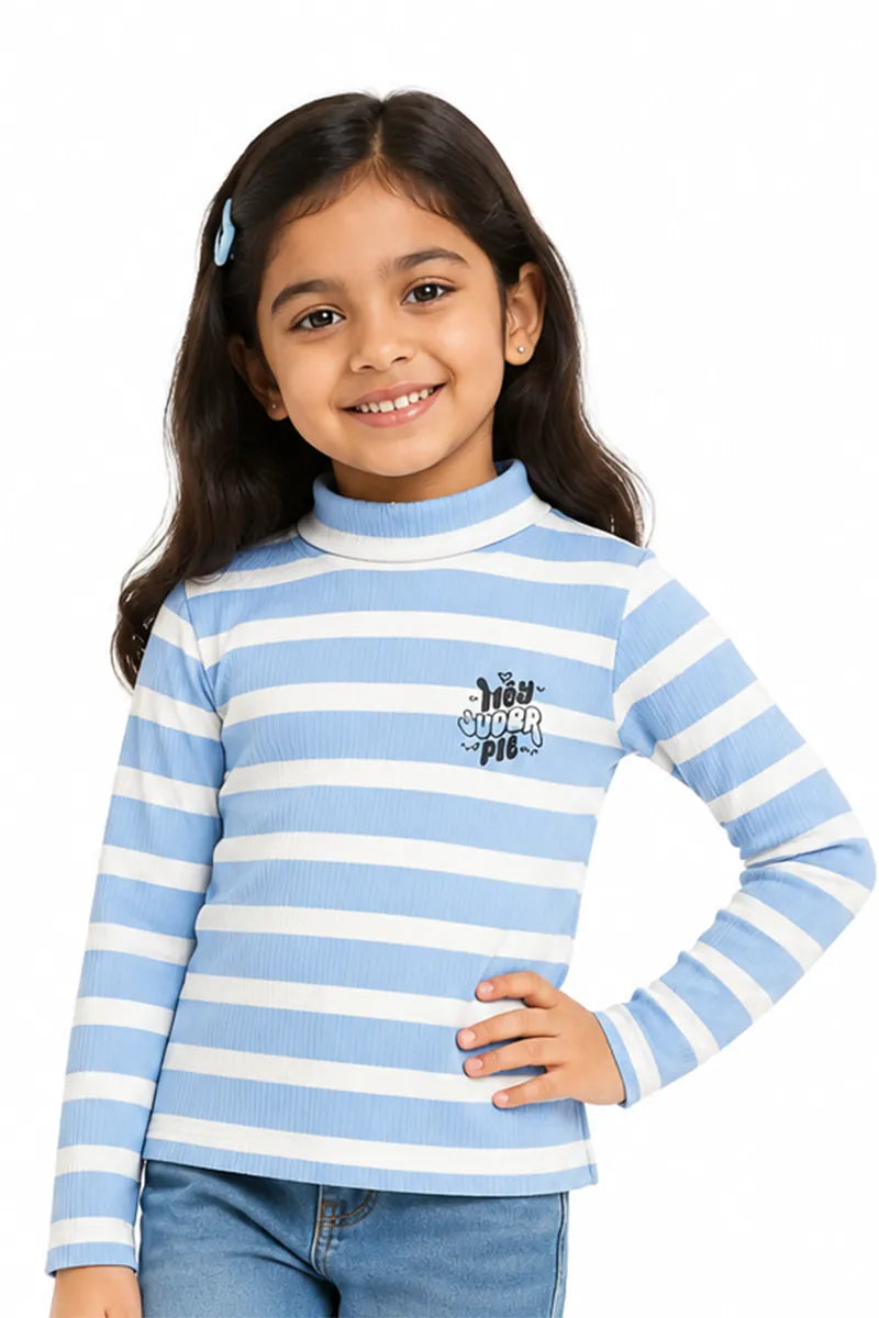Lycra Striped Full Sleeve T-Shirt for Girls - Blue - View 1