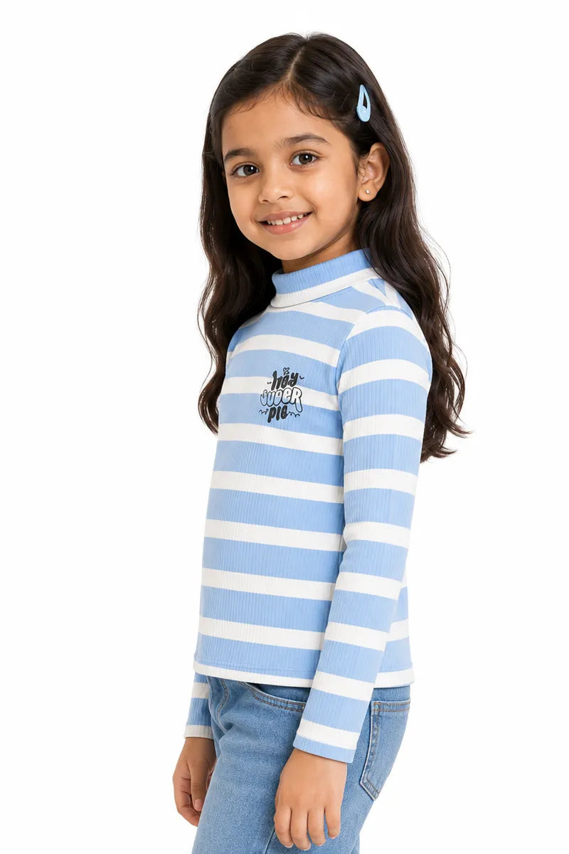 Lycra Striped Full Sleeve T-Shirt for Girls - Blue - View 2