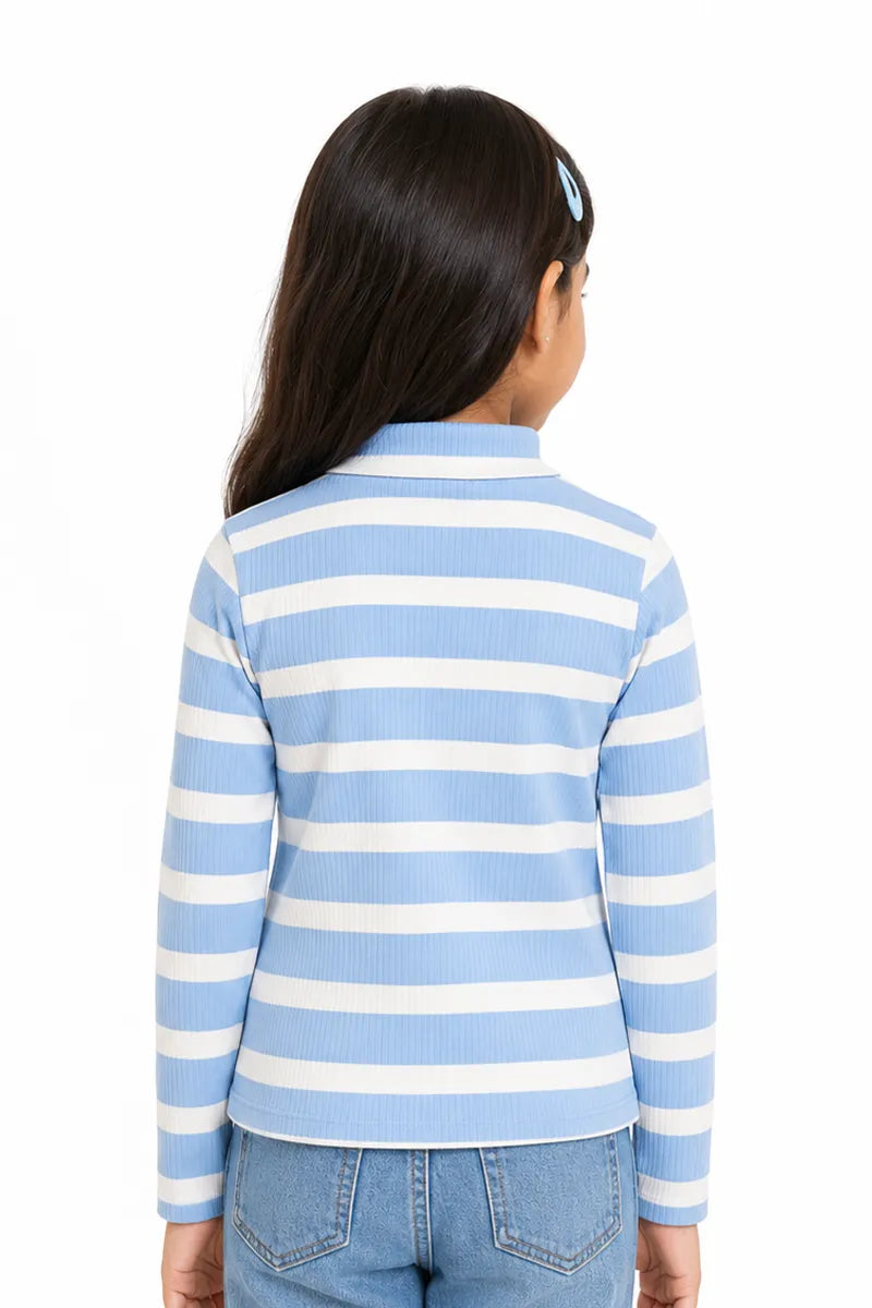 Lycra Striped Full Sleeve T-Shirt for Girls - Blue - View 3