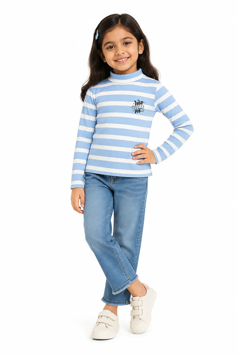 Lycra Striped Full Sleeve T-Shirt for Girls - Blue - View 4