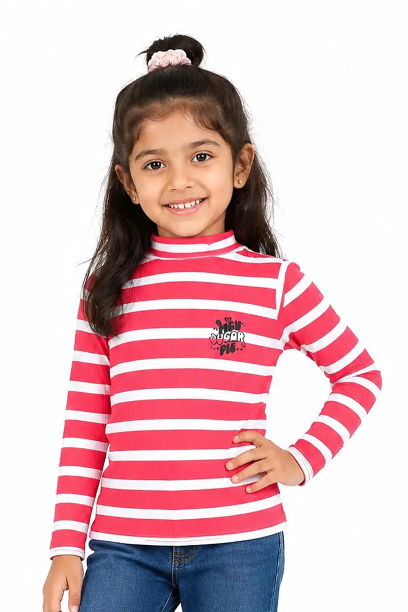 Lycra Striped Full Sleeve T-Shirt for Girls - Champagne Pink - View 5