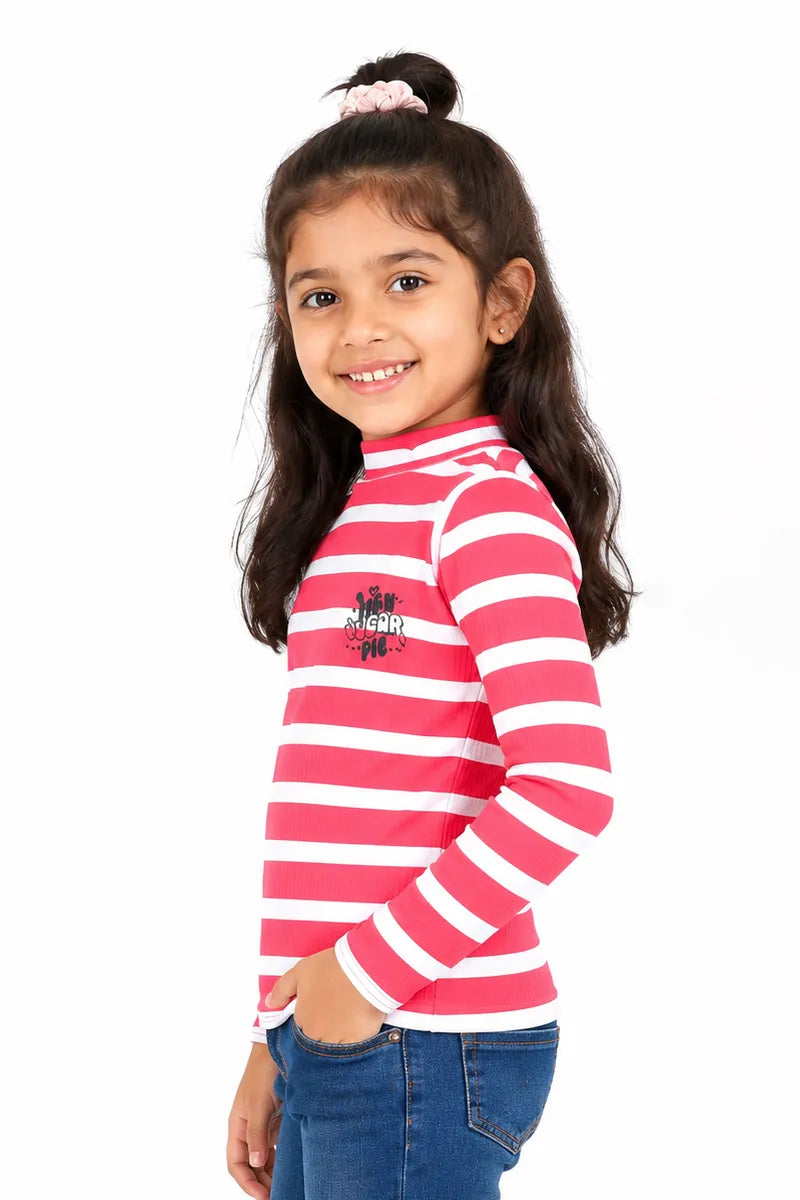 Lycra Striped Full Sleeve T-Shirt for Girls - Champagne Pink - View 6