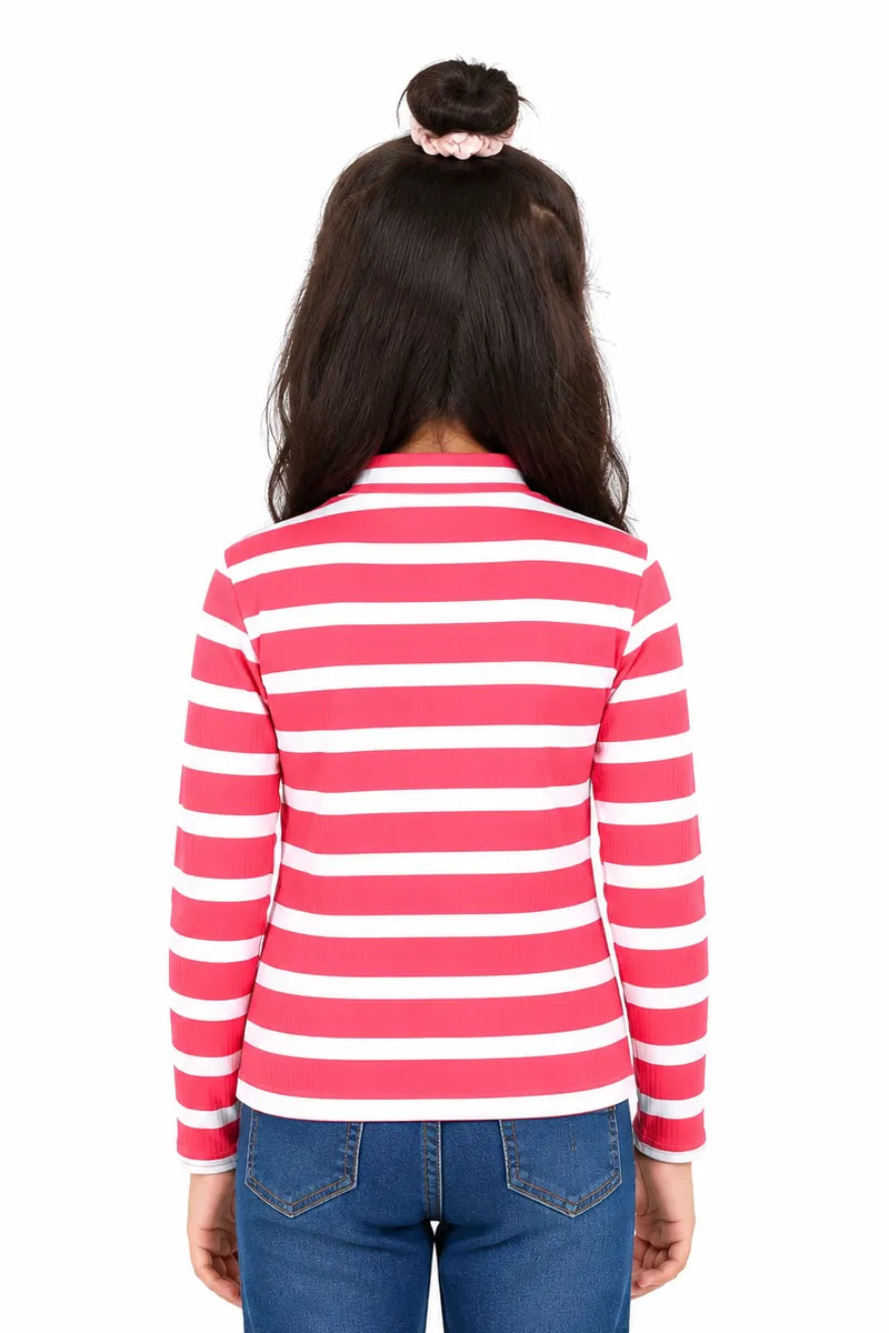 Lycra Striped Full Sleeve T-Shirt for Girls - Champagne Pink - View 7