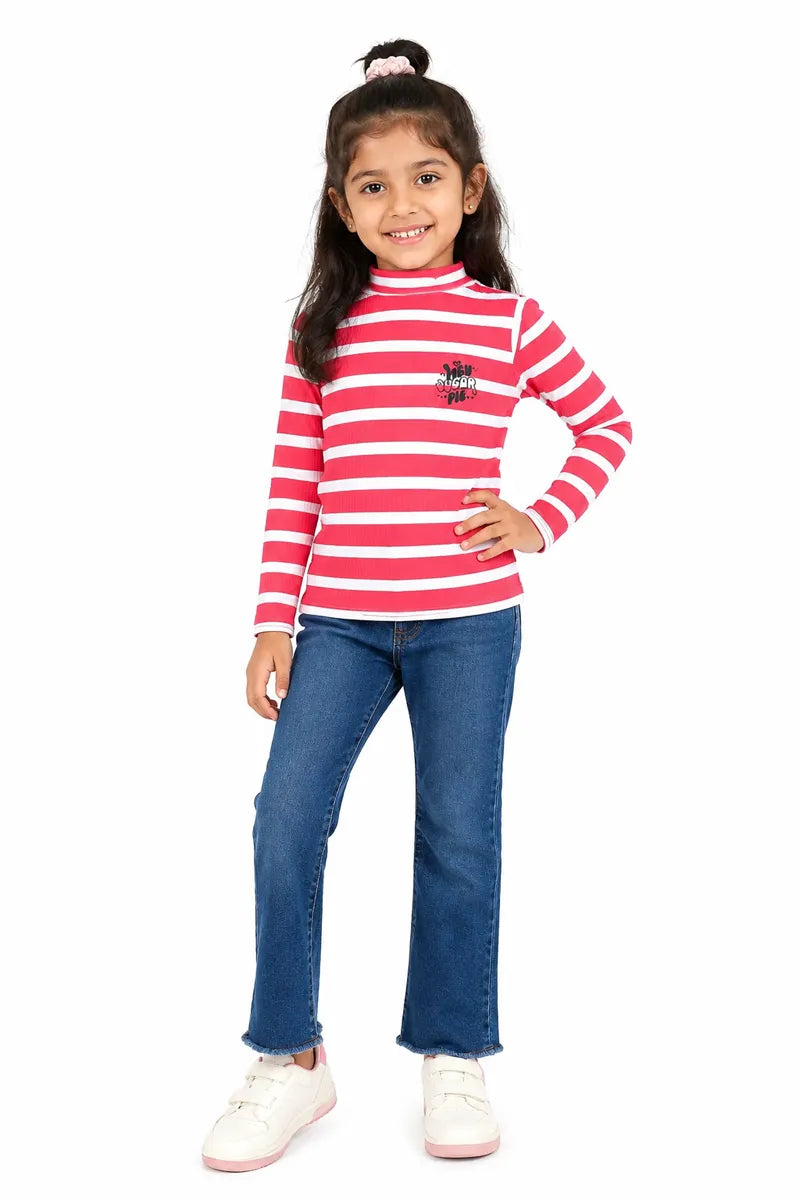 Lycra Striped Full Sleeve T-Shirt for Girls - Champagne Pink - View 8