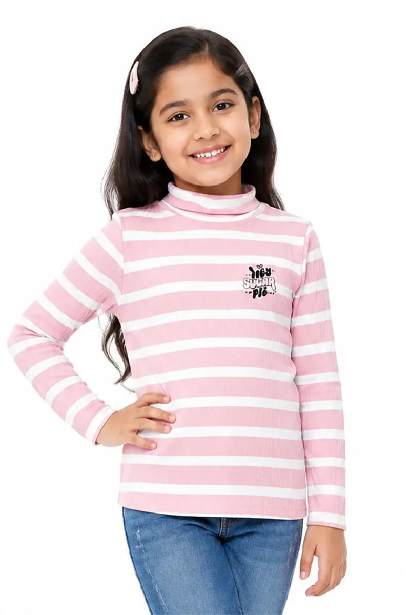Lycra Striped Full Sleeve T-Shirt for Girls - Dusty Pink - View 9
