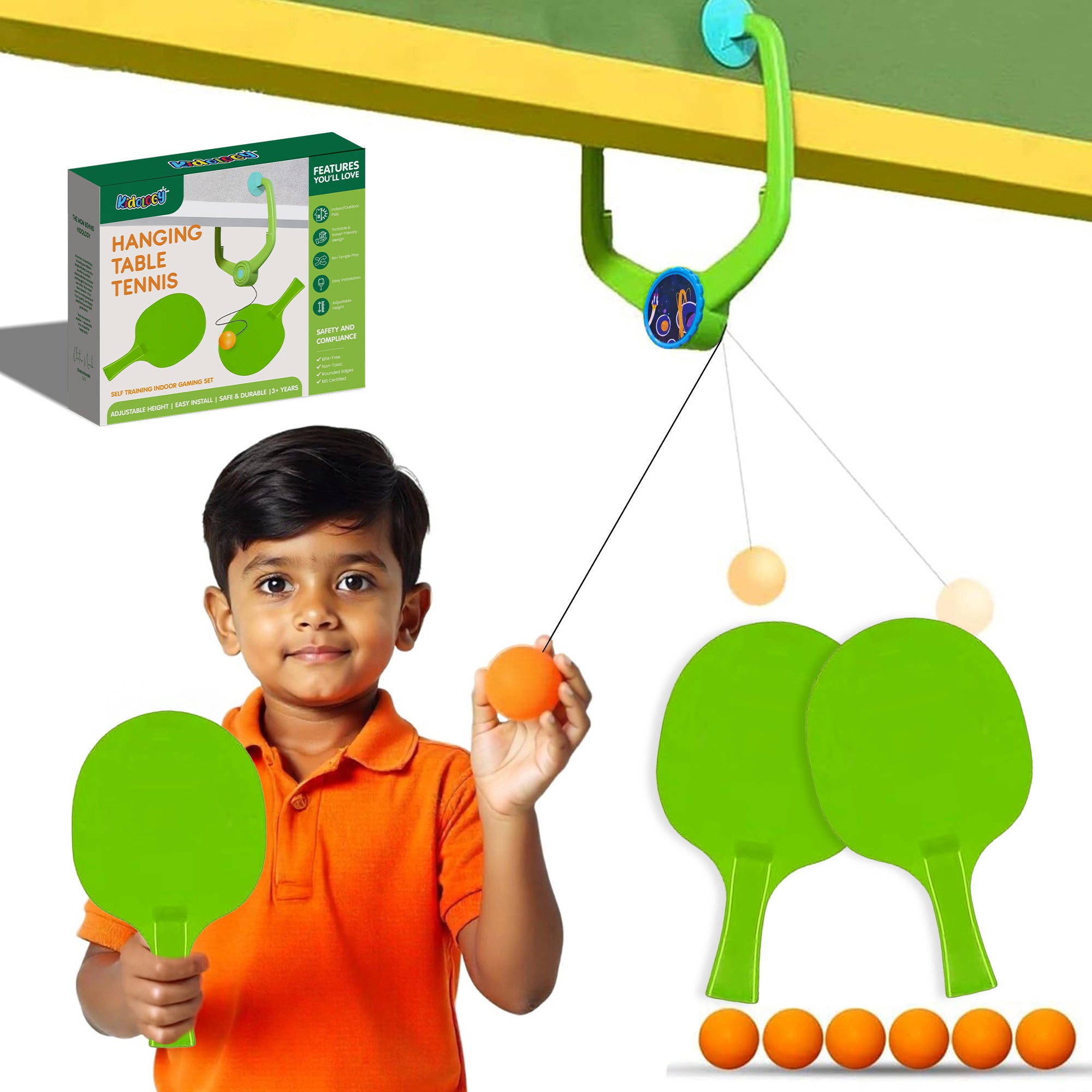 Kidology Hanging Table Tennis Self-Training Set – Indoor Ping Pong Game with 2 Rackets & 6 Balls – Portable Double Sparring Toy for Kids & Adults – Parent Child Interactive Sport Game