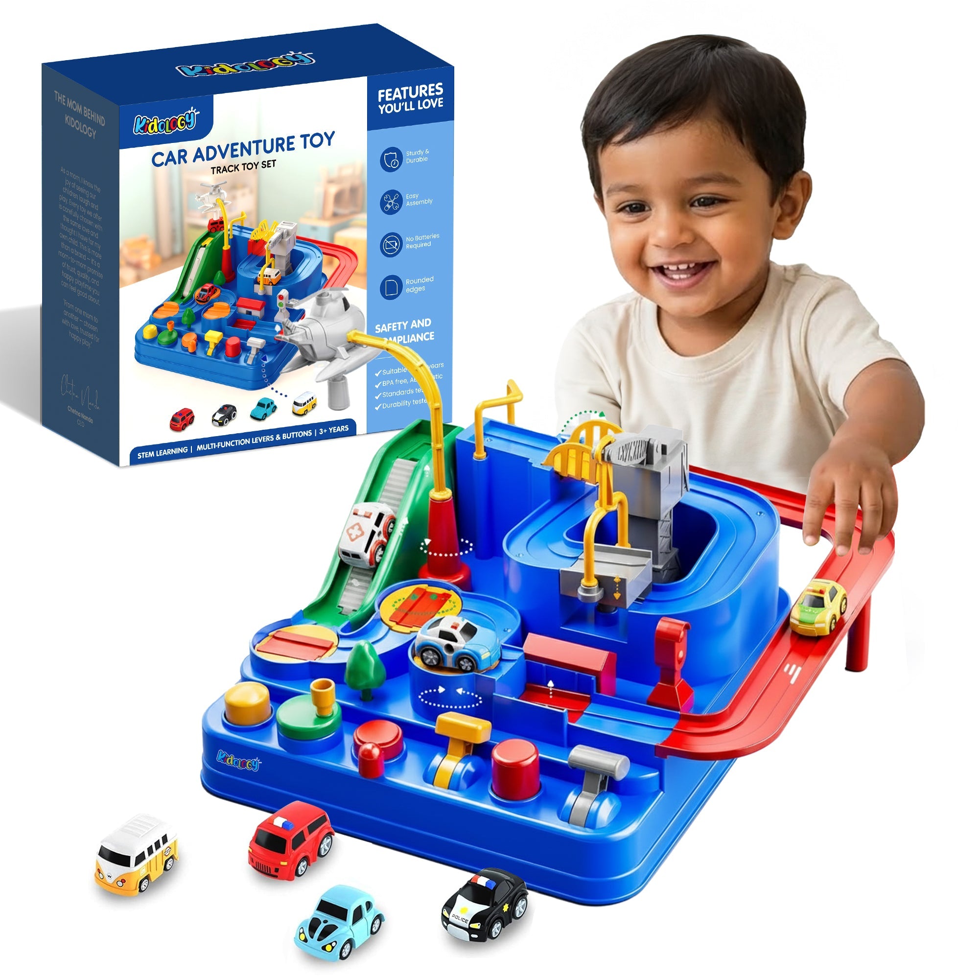 Kidology Car Race Tracks Toy | Car Adventure Toy for 0-3 Years, Boys, Girls & Kids | Playset City Rescue Activity for Toddlers | Pre Educational Learning Puzzle Gift for Babies (4 Car Included)