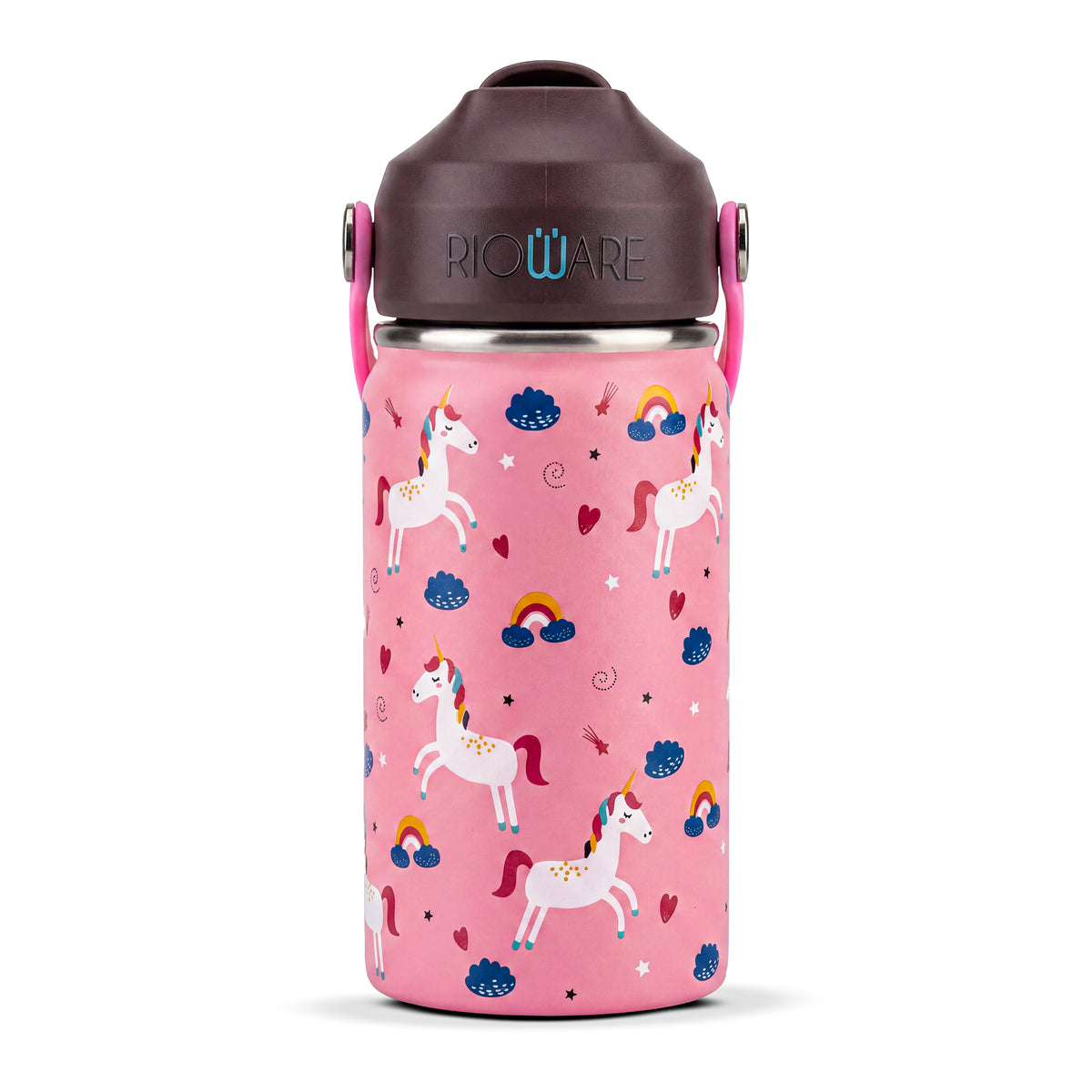 Rioware Kids Insulated Stainless Steel Water Bottle 350ml | Double Wall Vacuum | 24 Hrs Cold & 12 Hrs Hot | Leakproof Flip Top with Straw | BPA-Free | School Bottle with Carry Loop (350 Ml, Pink)