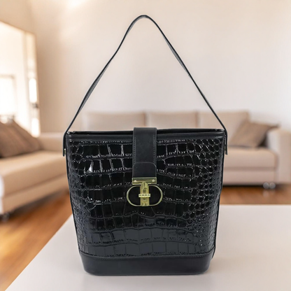 Luxury Black Croc-Textured Handbag & Wallet Set – Elegant Shoulder Bag for Women