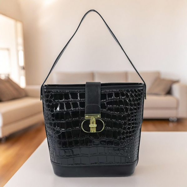 Luxury Black Croc-Textured Handbag & Wallet Set – Elegant Shoulder Bag for Women