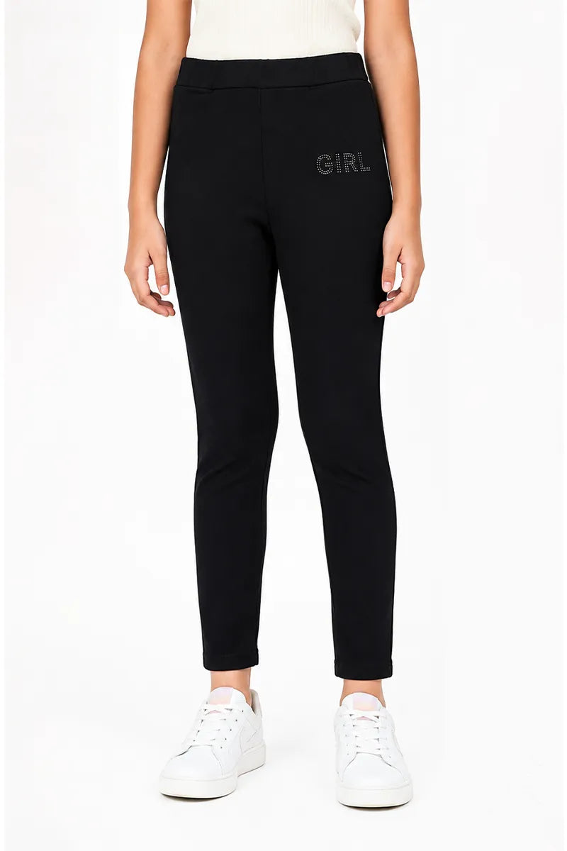 Girl's Denim Solid Stretchable Jeggings - Black - View 1