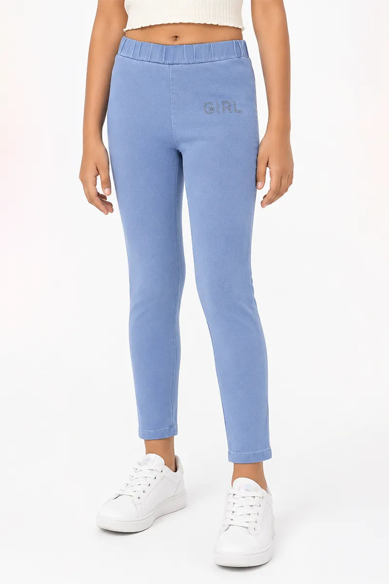 Girl's Denim Solid Stretchable Jeggings - Blue - View 5