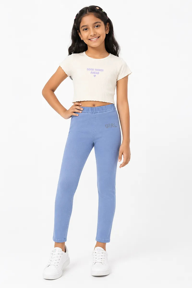 Girl's Denim Solid Stretchable Jeggings - Blue - View 8