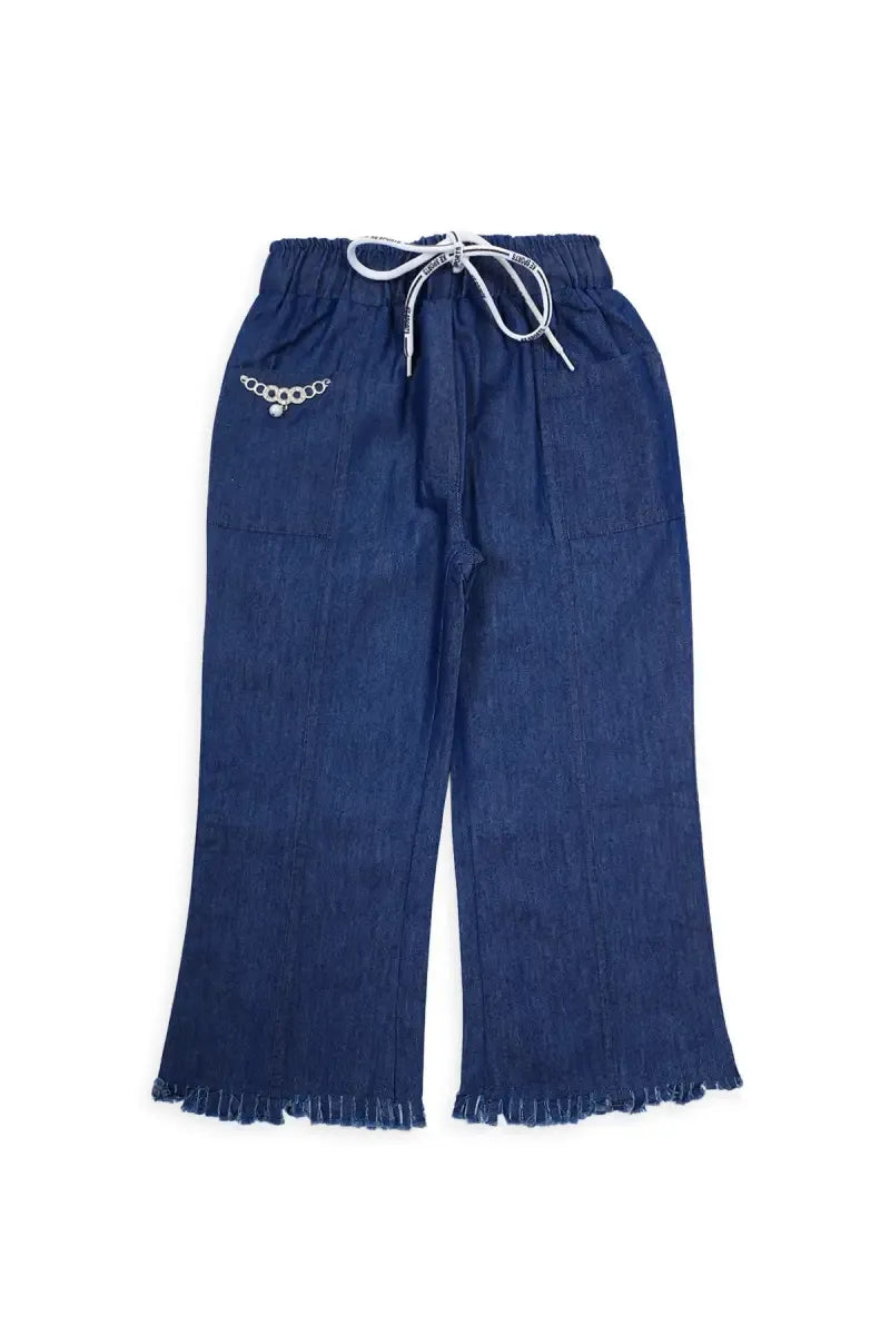 Girl's Denim Solid Wide Leg Palazzo - Dark Blue - View 1