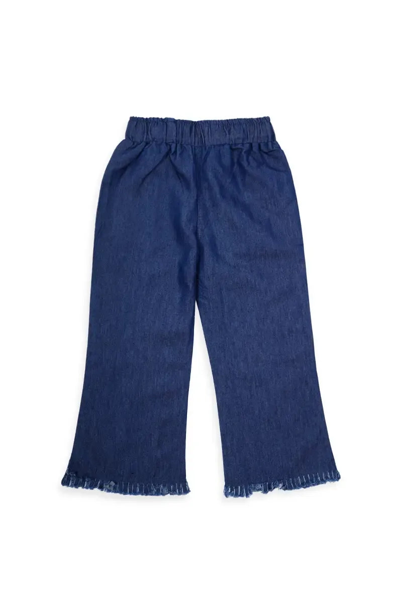 Girl's Denim Solid Wide Leg Palazzo - Dark Blue - View 2