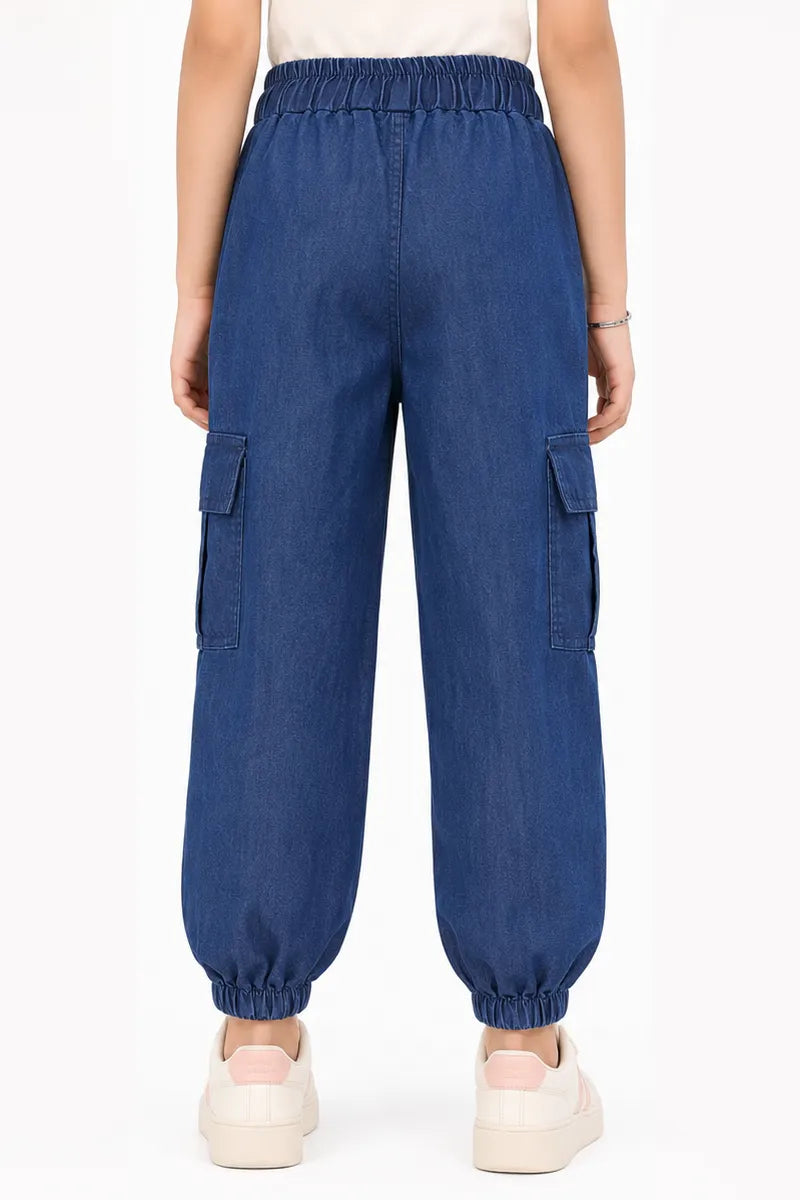 Girl's Denim Solid Joggers Pant - Blue - View 3