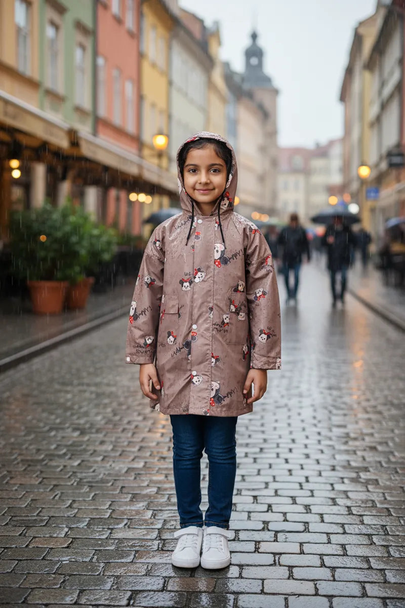 Girl's Nylon Printed Waterproof Rain Jacket - Brown - View 1