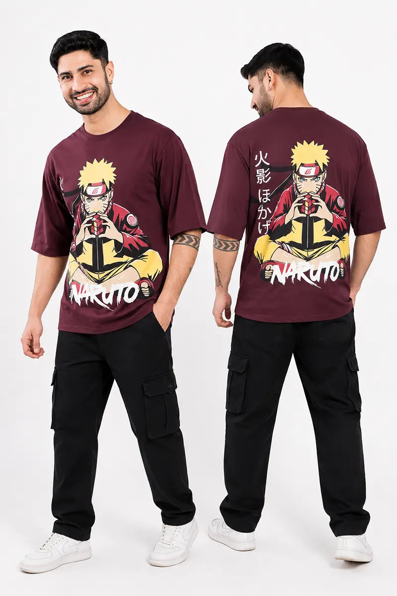 Cotton Printed Drop Shoulder T-shirt for Men - Burgundy
