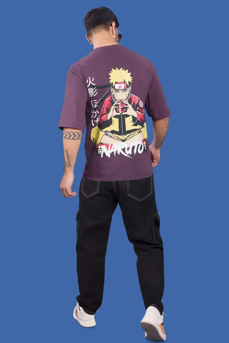 Cotton Printed Drop Shoulder T-shirt for Men - Burgundy