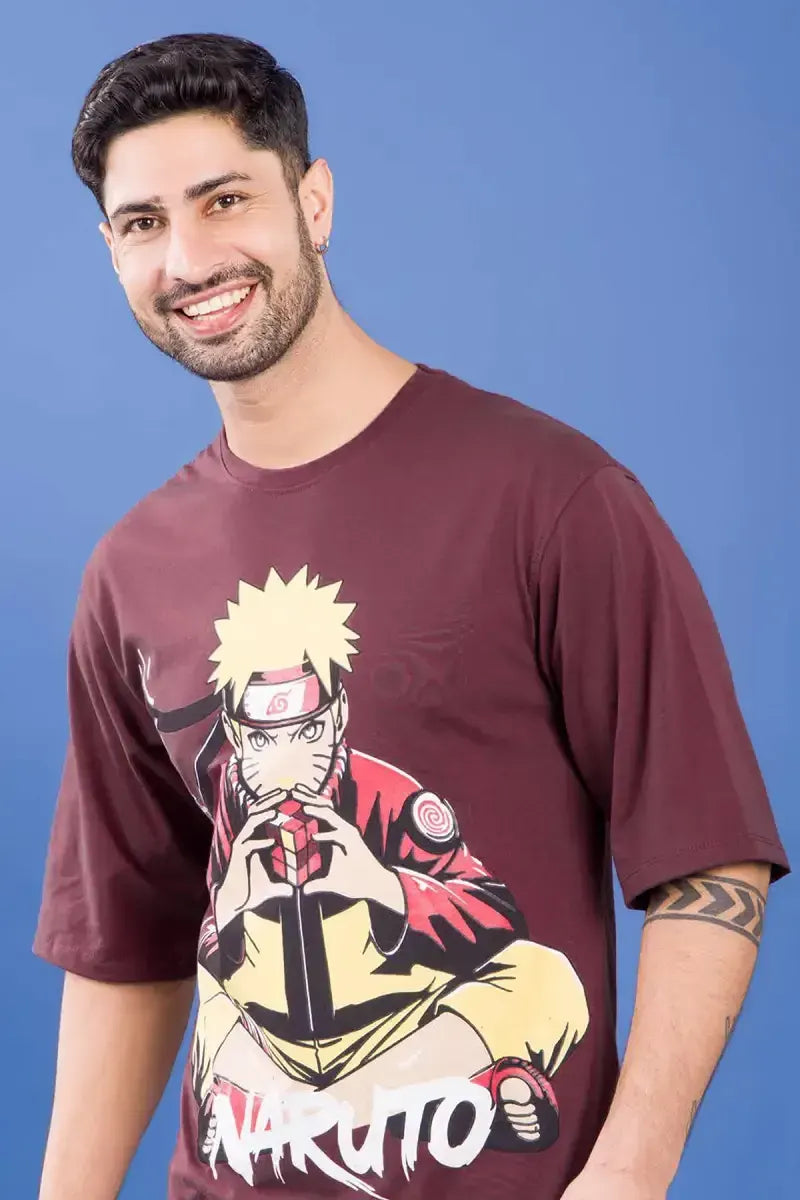 Cotton Printed Drop Shoulder T-shirt for Men - Burgundy