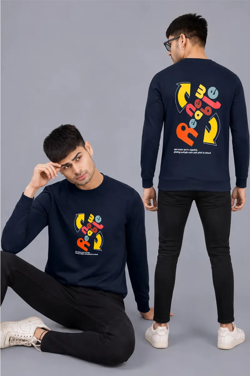 Cotton Blend Printed Sweatshirts for Men - SWAG+ONN (Style cot026991) - Navy Blue
