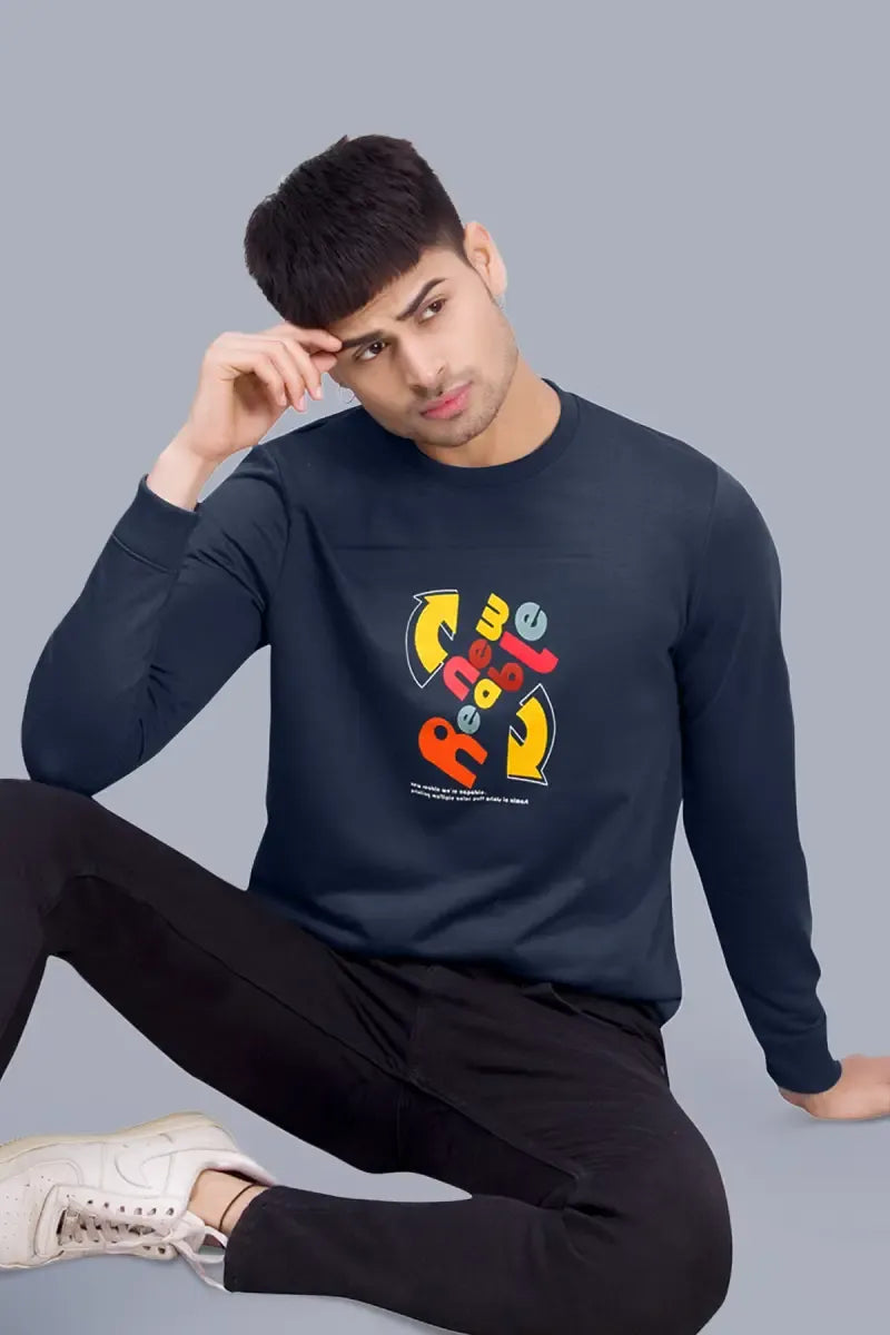 Cotton Blend Printed Sweatshirts for Men - SWAG+ONN (Style cot026991) - Navy Blue