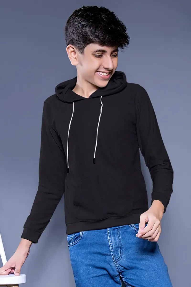 Self Design Cotton Hoodie for Boys - Black - View 1