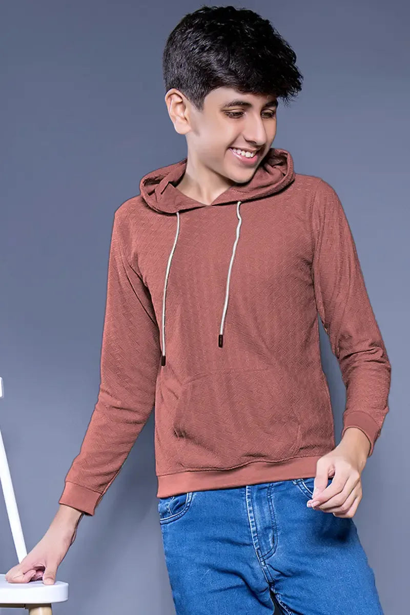 Self Design Cotton Hoodie for Boys - Brown - View 5