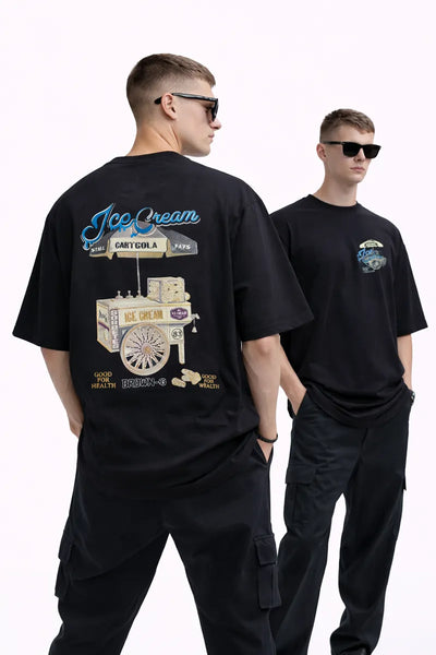 Drop Shoulder Printed T-shirt for Men - Black