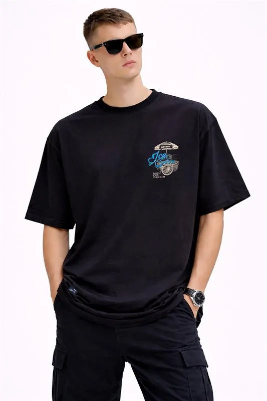 Drop Shoulder Printed T-shirt for Men - Black
