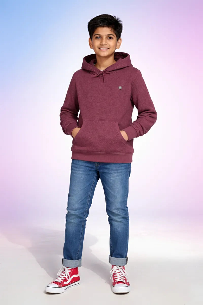 Self Design Cotton Hoodie for Boys - Wine - View 3