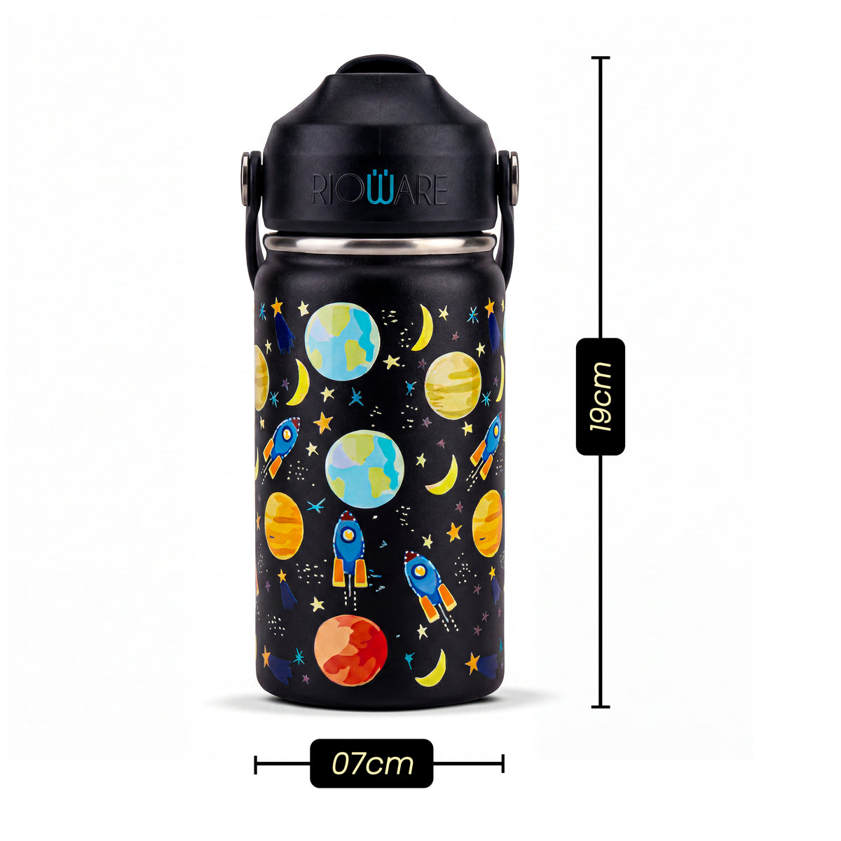 Rioware water bottle for Kids girls boys School Insulated Stainless Steel 350ml Upto 12 Years | Double Wall Vacuum | 24 Hrs Cold & 12 Hrs Hot | Leakproof Flip Top with Straw | Carry Loop - Black