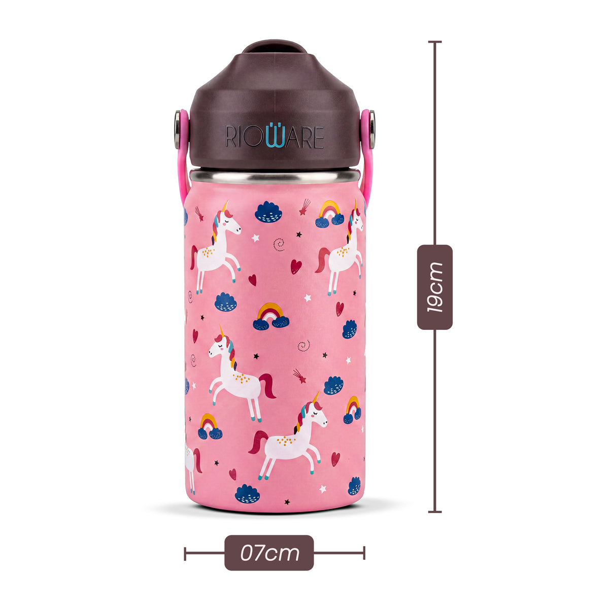 Rioware Kids Insulated Stainless Steel Water Bottle 350ml | Double Wall Vacuum | 24 Hrs Cold & 12 Hrs Hot | Leakproof Flip Top with Straw | BPA-Free | School Bottle with Carry Loop (350 Ml, Pink)