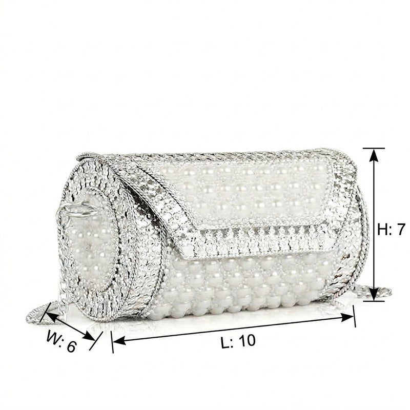 Buddy Cares Metal Bag for Women, Silver Pearl Embellished Clutch Purse with Chain Strap – Cylindrical – view 3 – Buddy Cares
