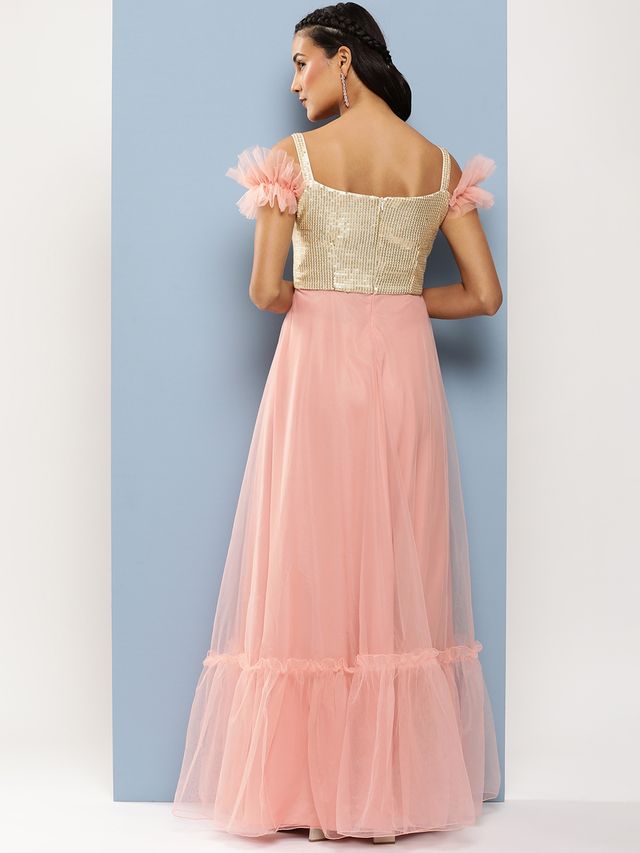 Bollywood Vogue Ready To Wear Silver Embroidered N Pink Corset Style Gown