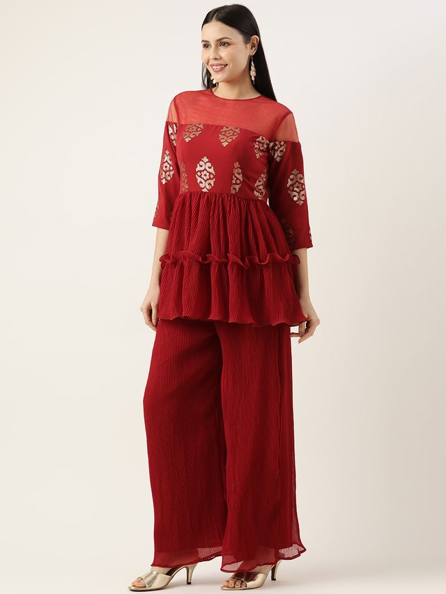 Bollywood Vogue Ready To Wear Maroon Georgette Sequins Wide Leg Pant Set