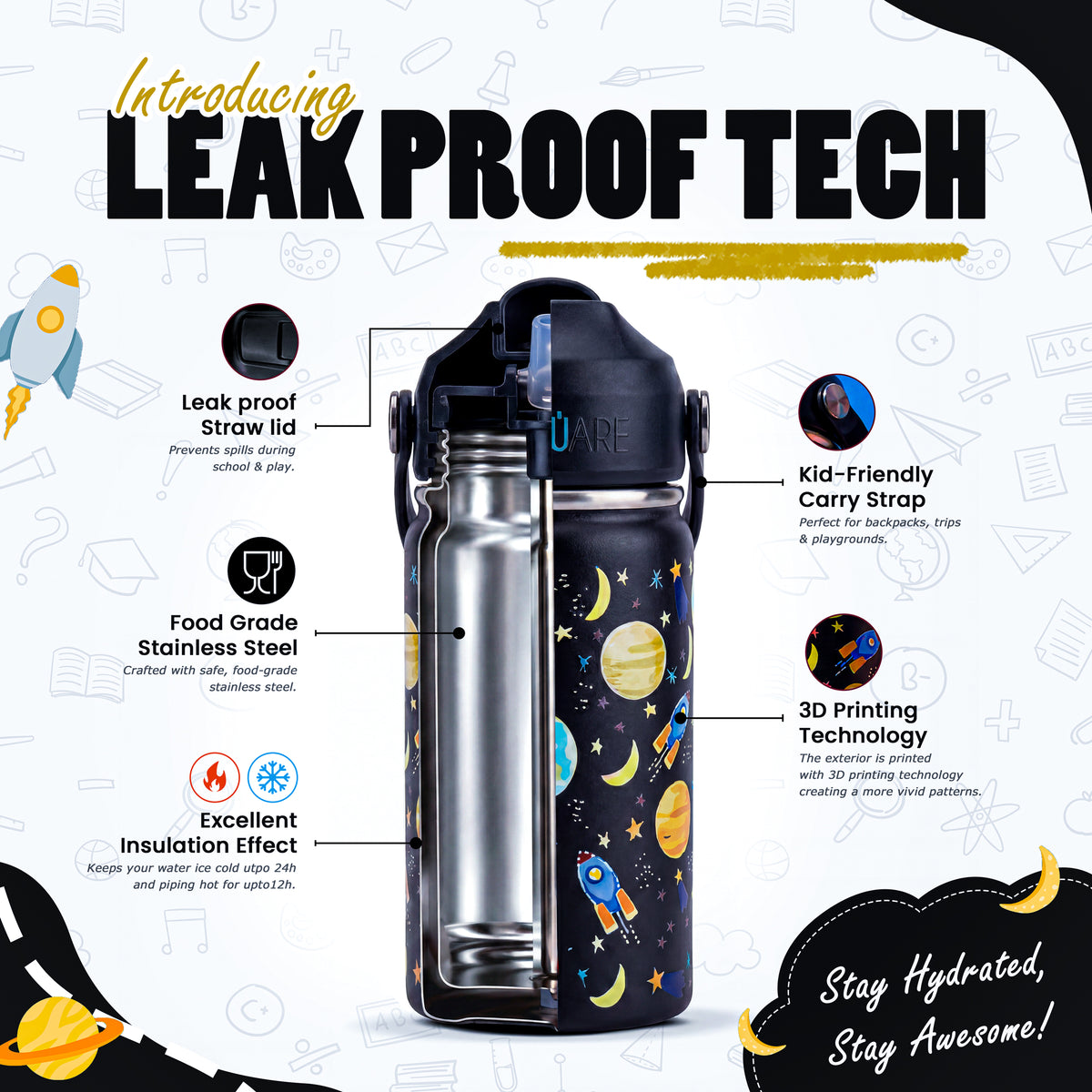 Rioware water bottle for Kids girls boys School Insulated Stainless Steel 350ml Upto 12 Years | Double Wall Vacuum | 24 Hrs Cold & 12 Hrs Hot | Leakproof Flip Top with Straw | Carry Loop - Black