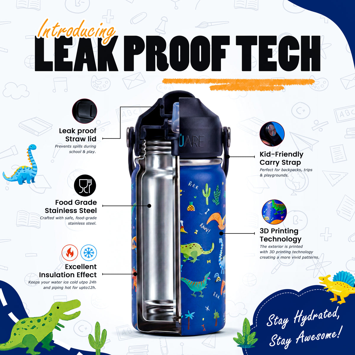 Rioware Kids Insulated Stainless Steel Water Bottle 350ml | Double Wall Vacuum | 24 Hrs Cold & 12 Hrs Hot | Leakproof Flip Top with Straw | BPA-Free | School Bottle with Carry Loop (350 Ml, Blue)