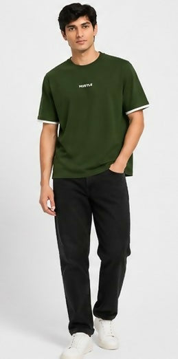 HUSTLE Men's Oversized Fit Crew Neck T-Shirt – Dark Olive Green(Oversized fit)