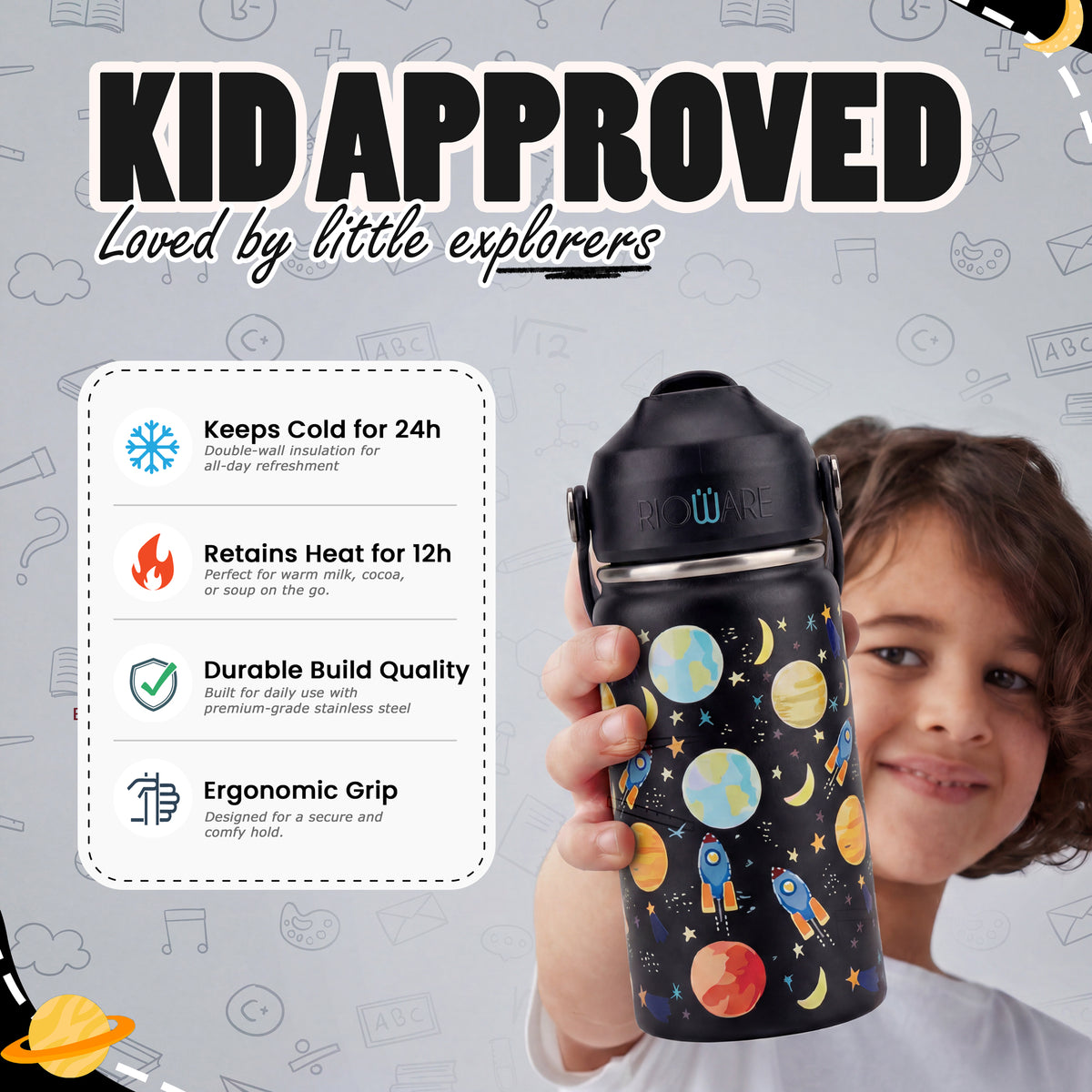 Rioware water bottle for Kids girls boys School Insulated Stainless Steel 350ml Upto 12 Years | Double Wall Vacuum | 24 Hrs Cold & 12 Hrs Hot | Leakproof Flip Top with Straw | Carry Loop - Black
