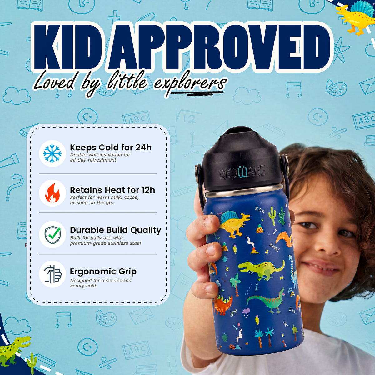 Rioware Kids Insulated Stainless Steel Water Bottle 350ml | Double Wall Vacuum | 24 Hrs Cold & 12 Hrs Hot | Leakproof Flip Top with Straw | BPA-Free | School Bottle with Carry Loop (350 Ml, Blue)