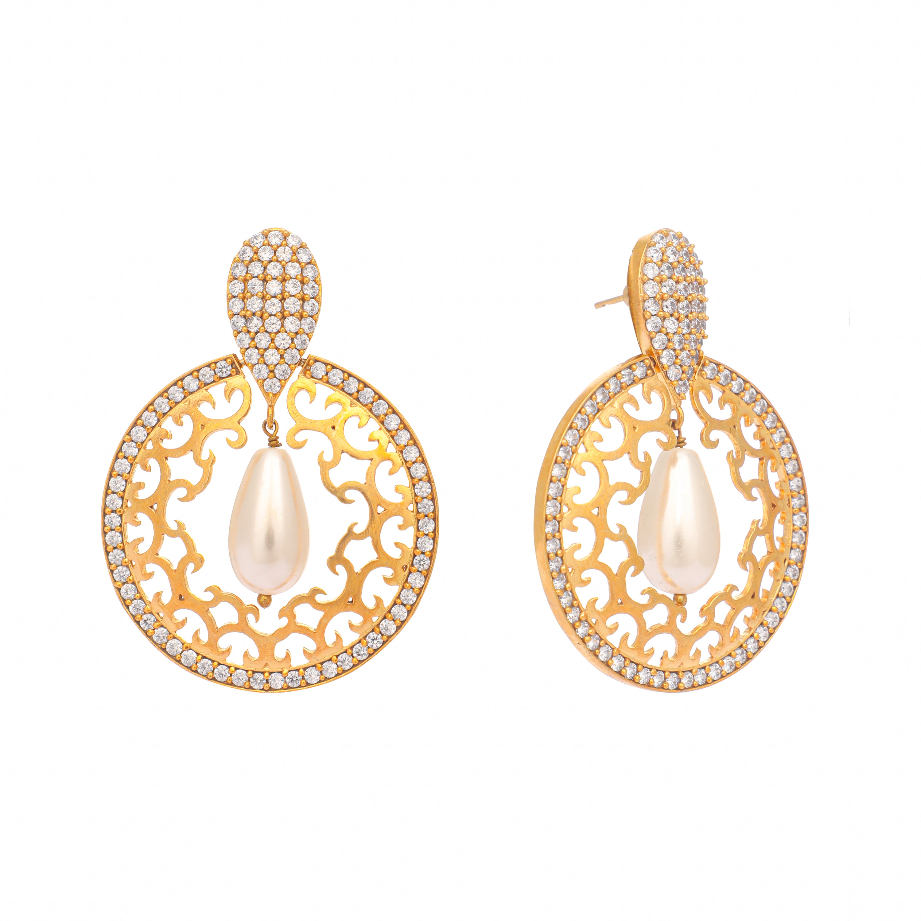 22K Gold Plated Cubic Zirconia Pearl Chandbalis