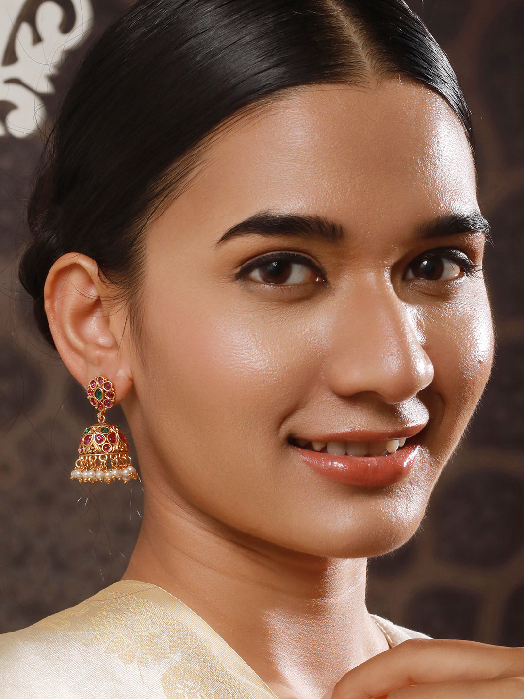 Aatmana24 CT Gold-Plated Ruby Stone Studded & Beaded Contemporary Dome Shaped Jhumkas Earrings